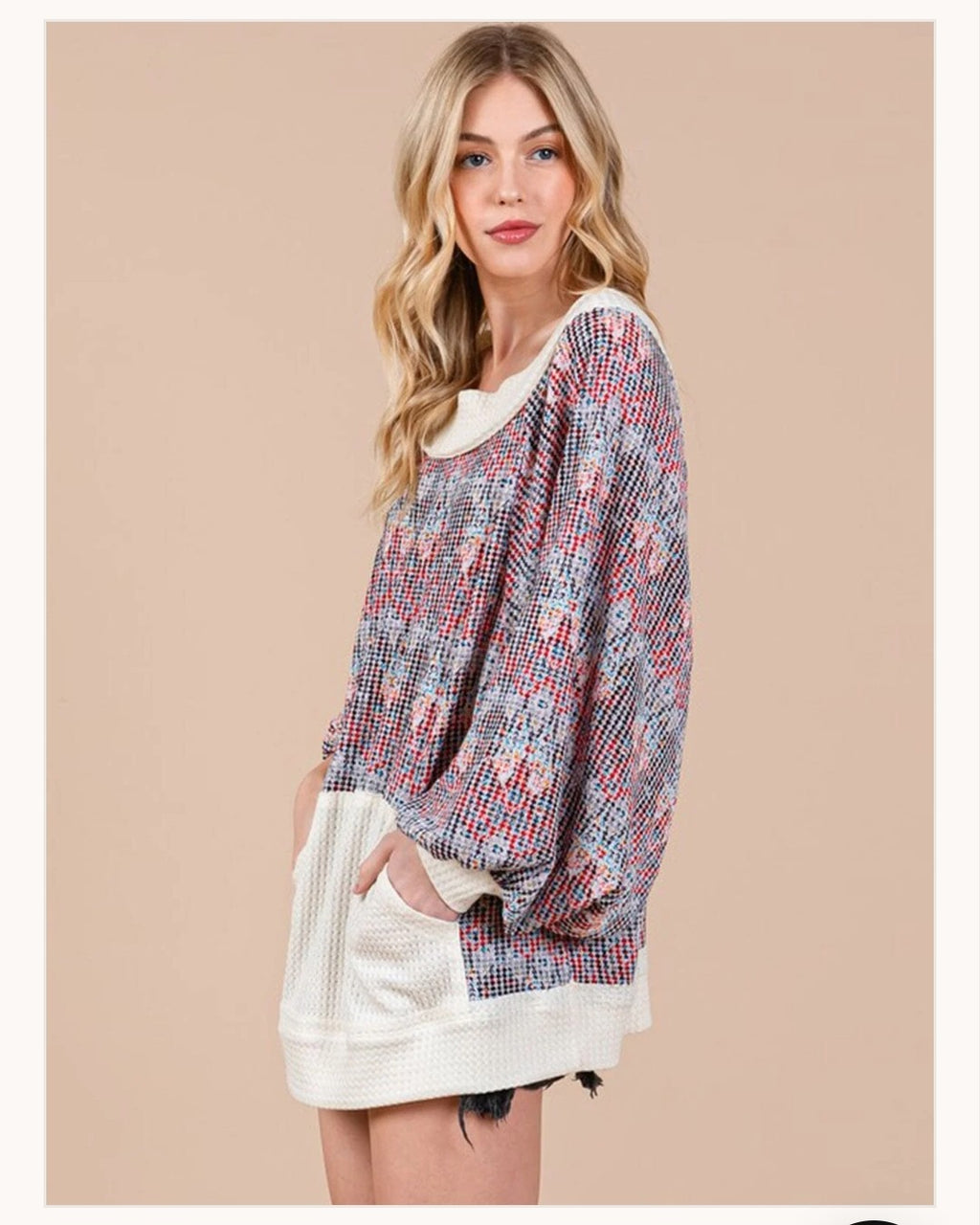 ~Long sleeve front pocket multi print ribbed oversized pullover