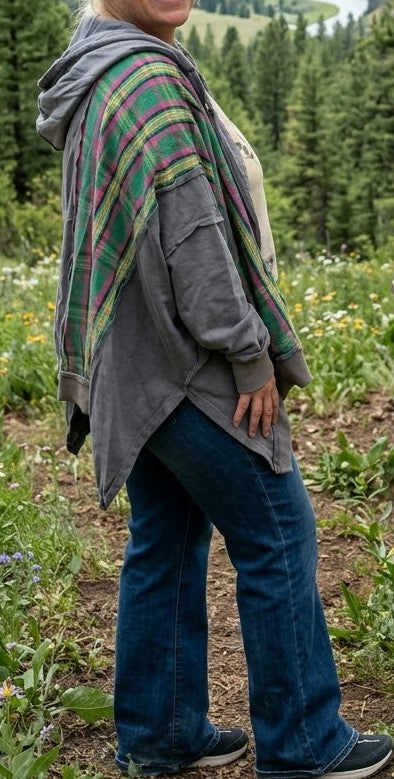 ~Flannel contrast front pocket hooded jacket