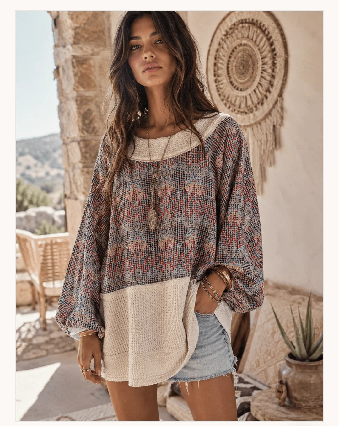 ~Long sleeve front pocket multi print ribbed oversized pullover