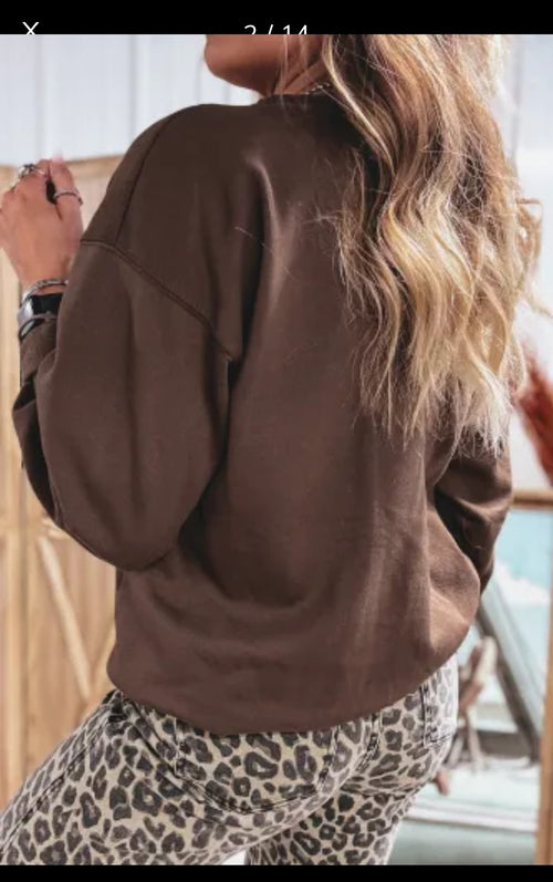 *Coffee Floral Buffalo Plaid Striped Embroidered Patch Western Pullover Sweatshirt