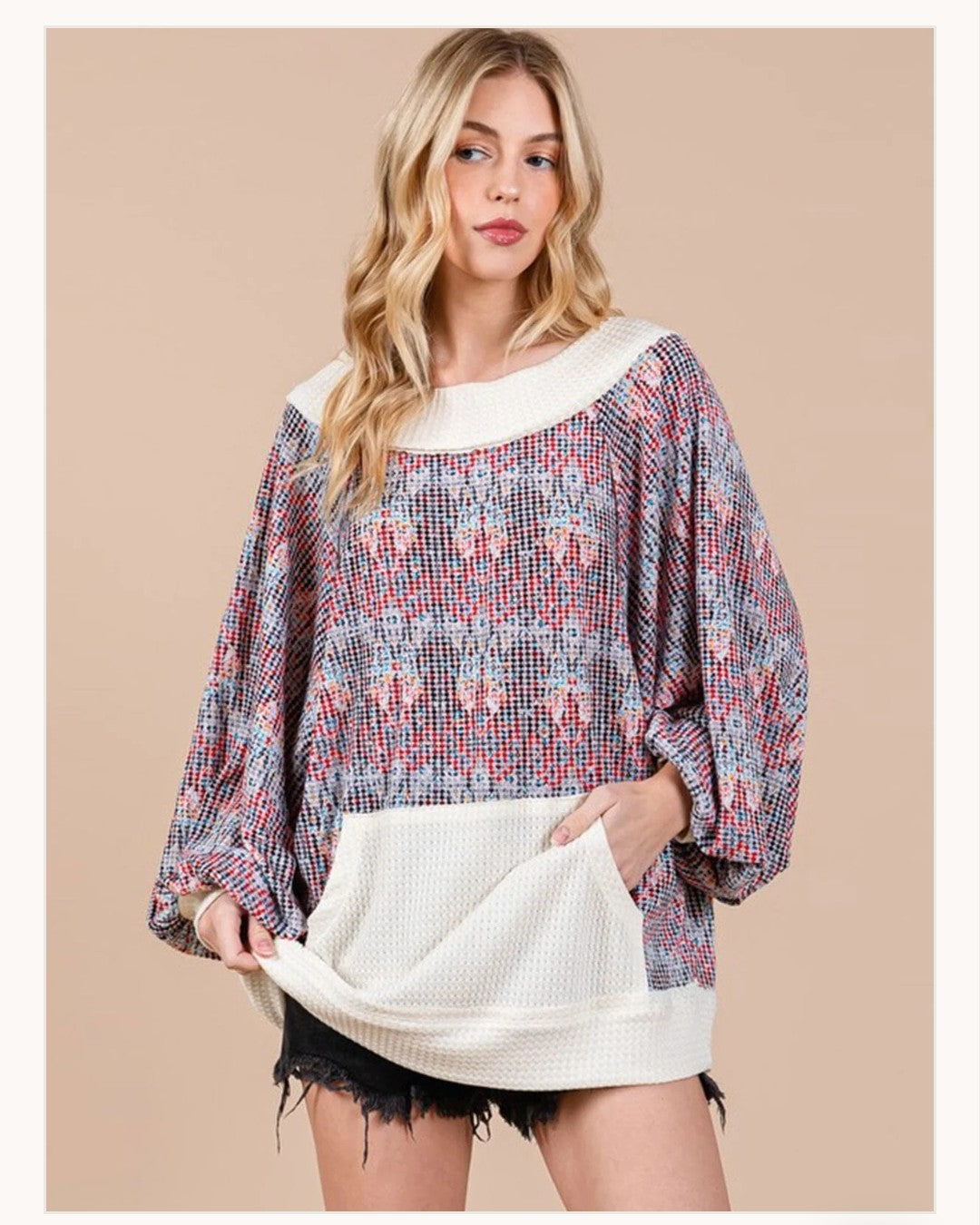 ~Long sleeve front pocket multi print ribbed oversized pullover