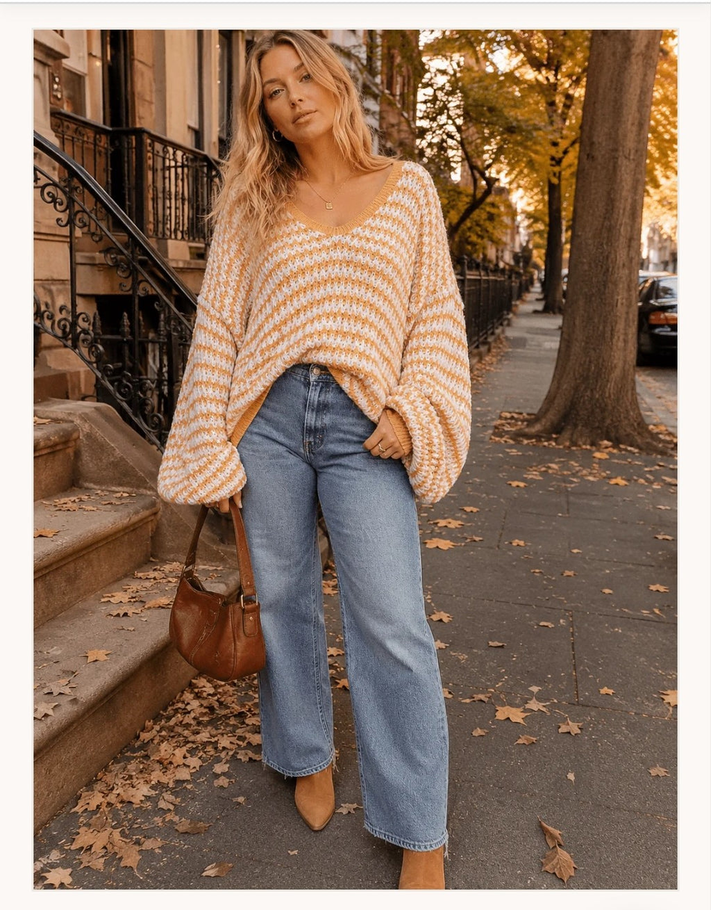 ~Long sleeve striped oversized v neck slouchy sweater