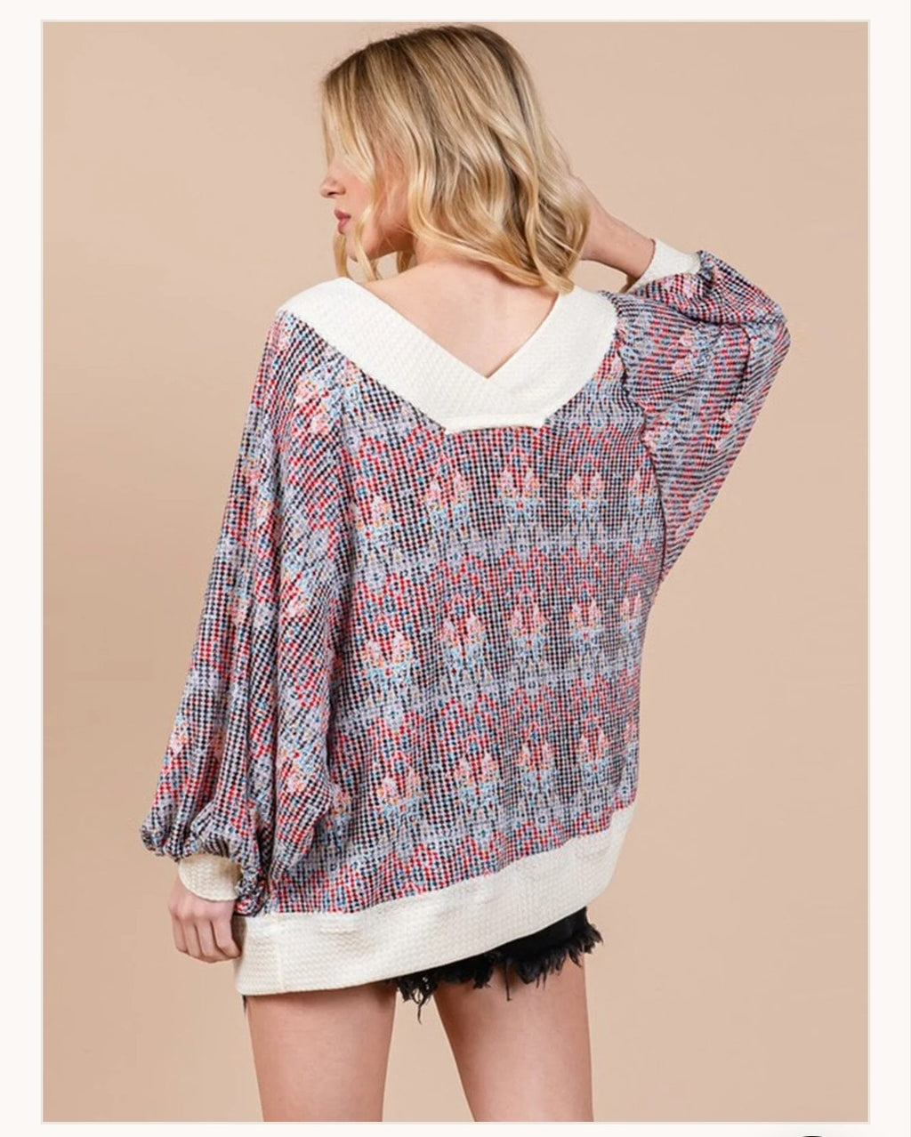 ~Long sleeve front pocket multi print ribbed oversized pullover